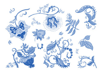 Fantasy flowers in retro, vintage, jacobean embroidery style. Clip art, set of elements for design Vector illustration.