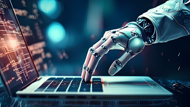 Robotic chatbot concept with artificial intelligence. Robot hands point to a button on a laptop.