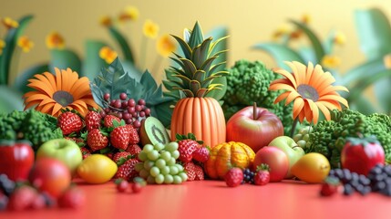 A colorful arrangement of fresh fruits and flowers, including apples, strawberries, grapes, and flowers, set against a vibrant background.