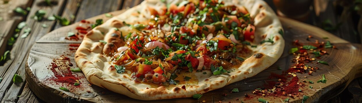 A vibrant serving of Algerian mhajeb with crispy, folded flatbread stuffed with tomato and onion mixture, placed on a rustic wooden board, warm afternoon light