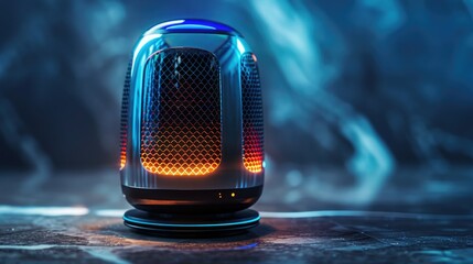 Futuristic wireless smart speaker with glowing LED lights, placed on a marble surface, showcasing modern design and advanced technology.