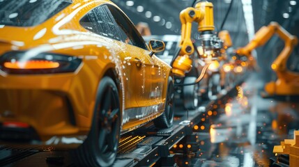 Obraz premium Modern car manufacturing assembly line with robotic arms working on cars in a highly automated production facility.
