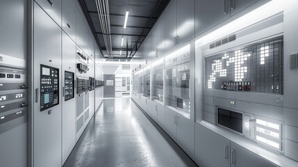 Obraz premium Modern data center corridor filled with advanced server equipment and control panels, showcasing high-tech infrastructure.