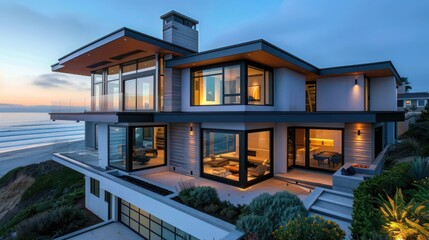 Fototapeta premium contemporary beach house with clean lines, large windows, and ocean views