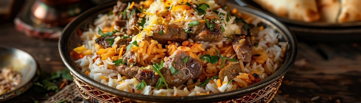 A visually stunning Egyptian fattah with layers of rice, bread, and meat, topped with garlic vinegar sauce, served in a traditional dish, natural daylight