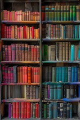 A bookshelf filled with books in a rainbow of colors