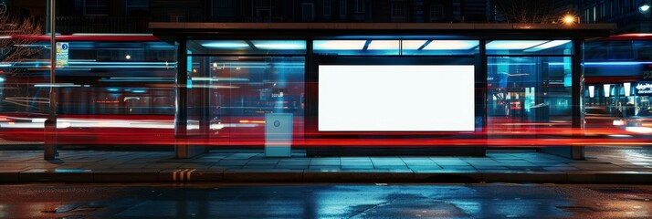 A blank white poster on the side of an urban bus stop at night, illuminated by city lights and passing vehicles on background
