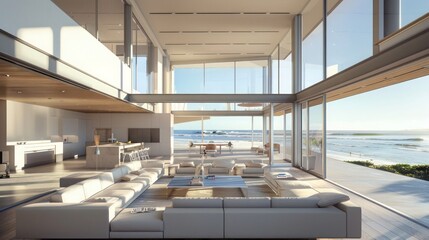 Fototapeta premium contemporary beach house with clean lines, large windows, and ocean views