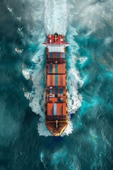 top view of cargo ship carrying containers in the sea
