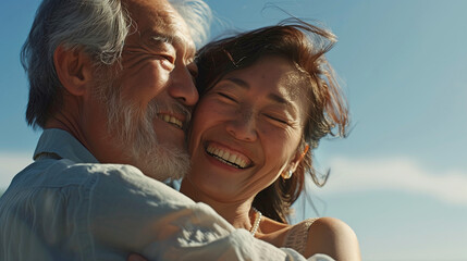 Happy asian couple in summer with copy space
