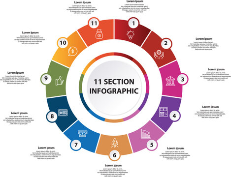 Collection of vector circle chart infographic templates for presentations, advertising, layouts, annual reports. 11 options, steps, parts	
