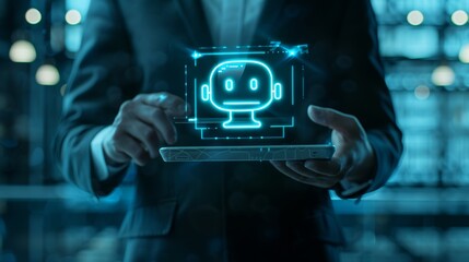 businessman holding tablet with virtual icons