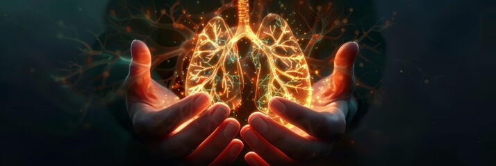 hands holding glowing and detailed lungs covered with smoke on blur background
