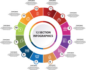 Collection of vector circle chart infographic templates for presentations, advertising, layouts, annual reports. 12 options, steps, parts	
