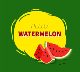 Summer banner with watermelon and text hello summer. Realistic watermelon slices with seeds on a yellow background. Vector illustration.