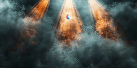 cloud of smoke and dust illuminated by spotlights on dark background