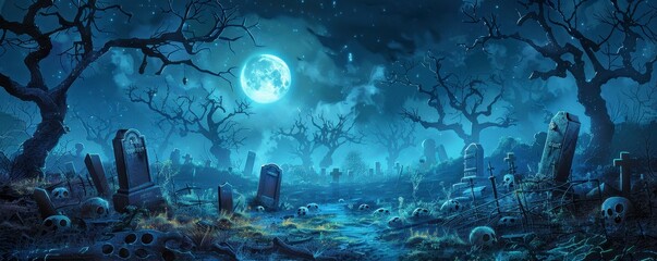 halloween graveyard background with moonlight, spooky cemetery scene in blue hue