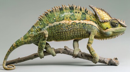 Obraz premium Colorful Jackson's Horned Chameleon Walking on Tree Branch, Natural Habitat Shot