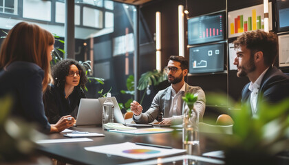 Medium-sized business professionals meeting with financiers in a sleek conference room, discussing financial projections and investment opportunities for their startup.