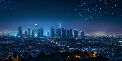 Obraz premium The city skyline at night with digital connections on dark blue sky background