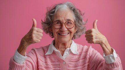 Smiling Old Woman Giving Thumbs Up, brown hair, on a solid color background, panorama background. Generative AI.