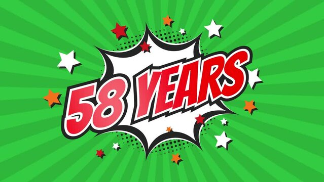 58th fifty-eighth anniversary - 58 fifty-eight years birthday. Animated text on pop colorful background with rotating rays.