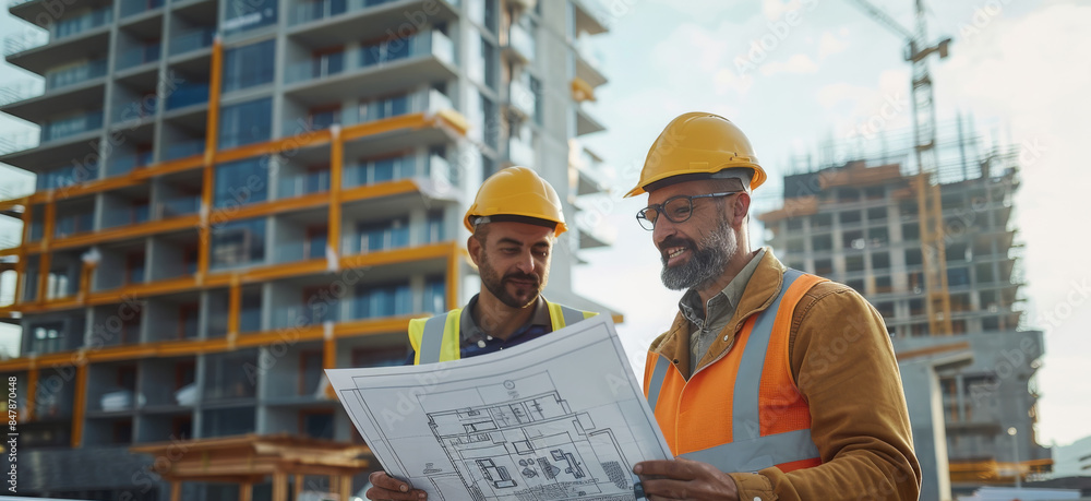 Fototapete Diverse construction managers and engineers reviewing blueprints at a modern urban development site. Generative AI.