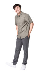 Fototapeta premium Png Asian man mockup in gray shirt casual wear full body