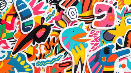 A close-up shot of colorful stickers arranged in a haphazard yet artistic collage, showcasing a variety of whimsical designs and vibrant hues