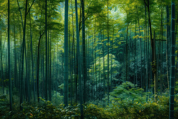 Obraz premium Tranquil Sunrise in Bamboo Forest Captured in Serene Nature Photography Inspires Peaceful Reflection and Harmony with Lush Greenery, Sunlight, and Verdant Tranquility