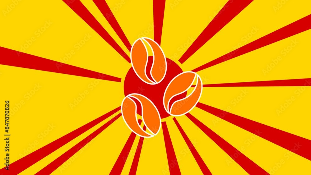 Poster coffee beans symbol on the background of animation from moving rays of the sun. large orange symbol 