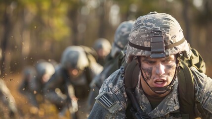Obraz premium Soldier in Training: During a military training exercise, a group of soldiers practices maneuvers, honing their skills and building teamwork under challenging conditions