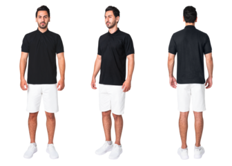 Man png mockup in black polo casual business wear full body set