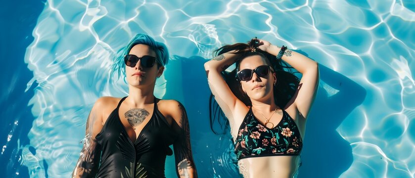 Two Beautiful Happy Women Float and Relax in the Pool, One White and the Other Black, Reflecting Profound Friendship or Beautiful Lesbian Love