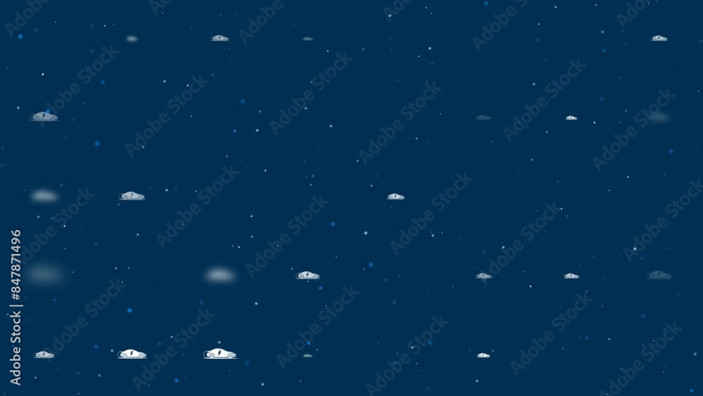 Poster template animation of evenly spaced electric car symbols of different sizes and opacity. animation o