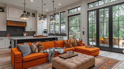 The living room is decorated in a modern style with a large orange sofa, a coffee table, and a rug