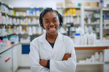 Confident smiling African female pharmacist wearing white lab coat in a modern drugstore. Medicine, health care concept.