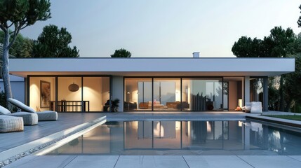 Fototapeta premium contemporary home with a flat roof, large glass doors, and a private pool