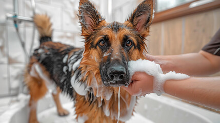 Pet groomer hands washing cute fluffy German shepherd dog with soap in a grooming salon. Professional animal grooming service, small business concept.