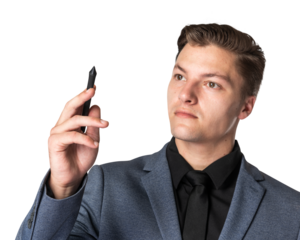 Businessman png writing on invisible screen mockup with smart pen