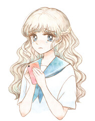1980年代少女漫画風ファンシーイラスト・スマホを持って泣く子