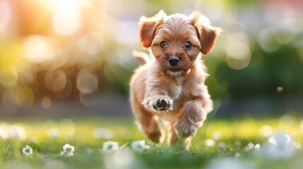 Cute maltipoo puppy walking and training in the summer park on a sunny day. Domestic animals concept. Copy space.