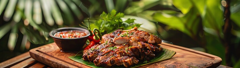 Spicy Thai grilled pork neck served with nam jim jaew dipping sauce and fresh herbs