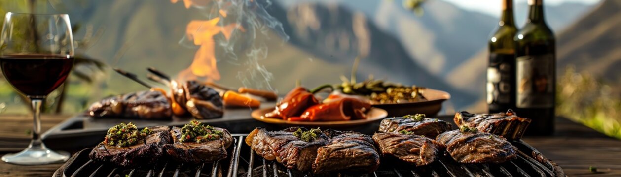 Succulent Argentine asado with various cuts of meat on a parrilla grill
