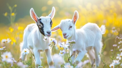 Obraz premium Two Playful Baby Goats Frolicking Among Field Flowers, Farm Animal Photography