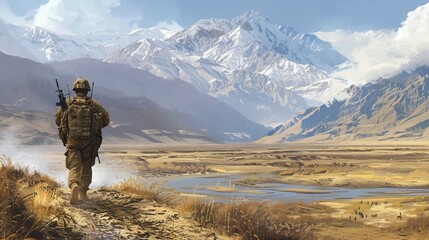 Soldier on Patrol: In a remote area, a soldier moves cautiously while on patrol, staying alert to any potential threats in the environment 