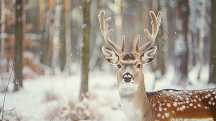 White-tailed Deer in Winter Forest. Majestic Wildlife Scene with Snow-Covered Trees and Tranquil Nature Background