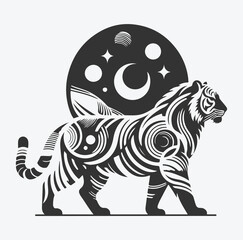 Majestic Tiger Silhouette with Intricate White Line Patterns, Perfect Vector Art for Creative Projects
