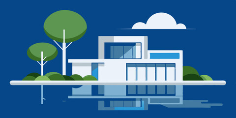 Naklejka premium A picturesque house situated on a tranquil island, with a beautiful landscape of trees and water.