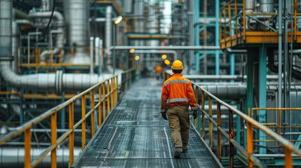 Naklejka premium Engineers designing industrial machinery, workers operating equipment, and plant activities in a petrochemical factory